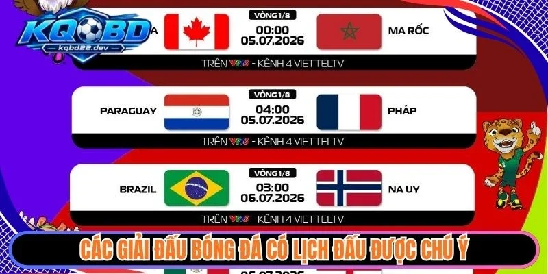 Lịch thi đấu 2 Các giải đấu bóng đá có lịch đấu được chú ý